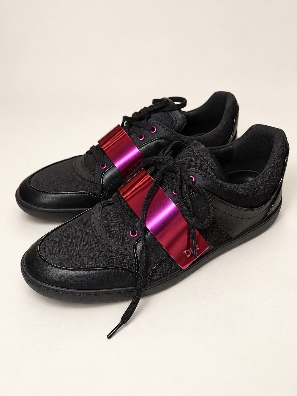 Christian Dior Black Leather Mesh Sneakers Metallic Pink Band US 7